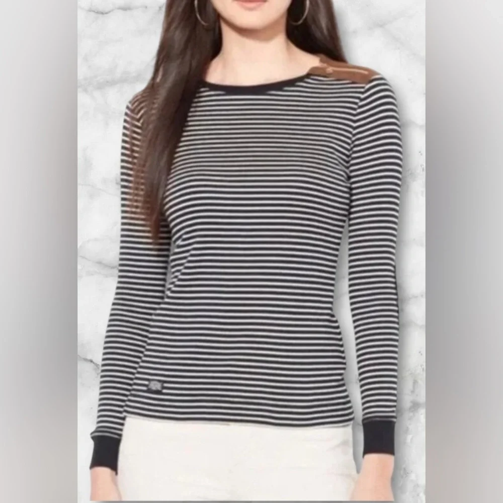 Lauren Ralph Lauren Black White Striped Top Suede Elbow Patches and Accents Sz M - Picture 6 of 15